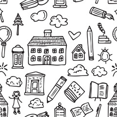 Fototapeta premium Charcoal Doodle Scribble Seamless Pattern Educational Objects in a Hand Drawn Vector Style Ideal for Back To School Themes with for Creative Projects