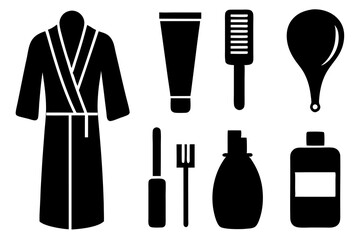 Set of hair accessories Icons: Shampoo Bottle, Razor, Perfume, Hairdryer, Toothbrush, Nail Polish, Bathrobe