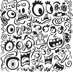 Charcoal Doodle Scribble Hand Drawn Cartoon Monsters with Funny Faces Scary Expressions and Spooky Eyes Mouths and Teeth Perfect for Halloween Themed Designs and Illustrations