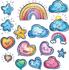 Charcoal Doodle Scribble Cute Kawaii Stickers Clipart Set Watercolor Rainbow Clouds Stars Hearts Colorful Illustrations for Graphic Design Scrapbooking Branding Kids Baby Shower Valentines