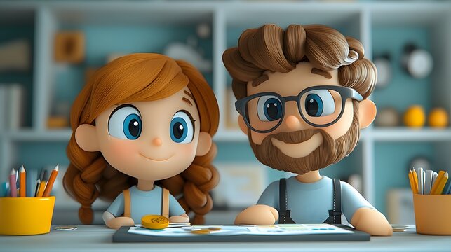 Personal finance management with a couple and budgeting tools, 3D cartoon style