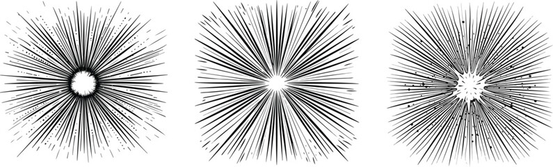 Obraz premium Charcoal Doodle Scribble Set Vintage Sunburst Explosion Black Lines and Halftone Dots Design Elements on White Retro Style Radial Bursting Rays Speed Lines Comic Book Graphic