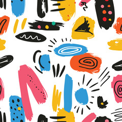 Colorful abstract seamless pattern charcoal doodles brush strokes lines swirls and dots ideal for wrapping paper packaging fabric textile wallpaper decoration and creative artistic projects