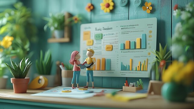 Personal finance management with a couple in a 3D cartoon style, including budgeting tools