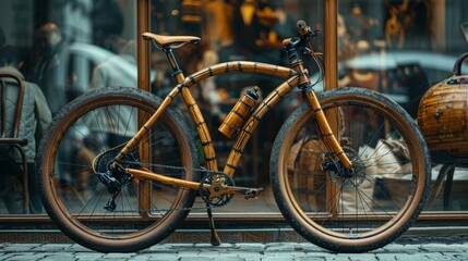 Obraz premium A bamboo bicycle stands proudly on a cobblestone street, its earthy tones contrasting with the lively cafe behind it filled with patrons enjoying their time