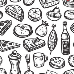 Charcoal doodle seamless pattern for cafe and fast food restaurant menu breakfast lunch dinner beverages and snacks hand drawn illustration for culinary cooking kitchen design