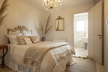Fototapeta premium A photo of the bedroom shows a small white bed with beige and cream bedding. An elegant wooden bedside table sits next to it. A beautiful golden chandelier hangs from above.