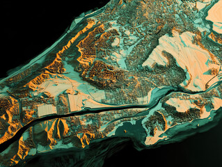 Fototapeta premium Technical aerial visual, 3D LiDAR GIS aerial map satellite scan model isolated, showing Cuttack, India. Elevation, topography, render