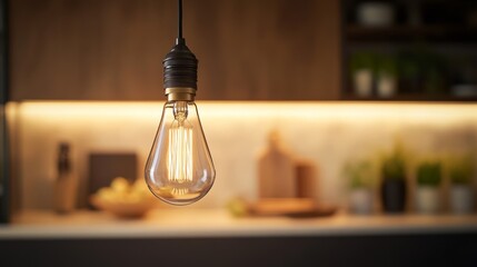 Vintage Edison light bulb hanging from a stylish pendant fixture, with intricate filament details and a warm, inviting glow in a contemporary setting.