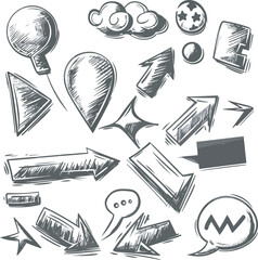 Charcoal doodle sketches hand-drawn arrows shapes signs symbols and comic speech bubbles ideal for design projects presentations websites digital marketing and social media branding communication