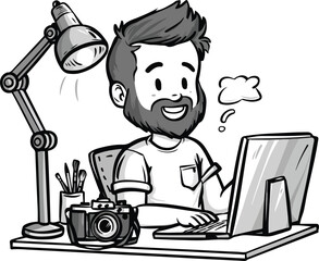 Charcoal doodle illustration of a man working at a desk with a computer representing a creative freelance designer in a home office setting showcasing graphic design and idea generation