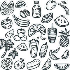 Charcoal Doodle Illustration of Tropical Fruits Including Watermelon Pineapple Apple Orange and Banana Creating a Fresh Organic Food Pattern for Healthy Eating and Refreshing Beverage Designs
