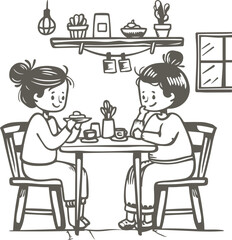 Charcoal Doodle Illustration of Two Friends Enjoying Coffee at a Minimalist Cafe Restaurant in Scandinavian Hygge Style Perfect for Home Decor Wall Art Print and Decoration