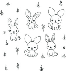 Charcoal Doodle Scribble of Five Adorable Bunnies in Clipart Hand Drawn Style Ideal for Forest Woodland Animal Themes Easter Spring Baby Shower Invitations and Decor