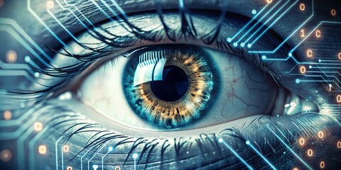 A Glimpse into a Future of Enhanced Vision. A close-up view of a human eye with a digital overlay, featuring circuit board patterns and binary code. 