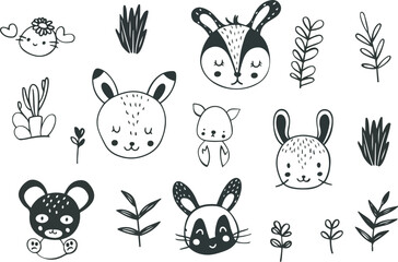 Charcoal Doodle Scribble Collection Cute Animal Faces and Plants Illustration Set in Ideal for Kids Baby Nursery Decor with Woodland Theme Forest Animals Designs