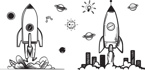 Charcoal doodle sketch of a rocket launch symbolizing business startup concepts hand-drawn illustrations and icons in perfect for creative projects and presentations