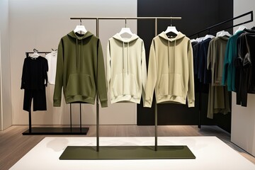 Contemporary Olive Green Hoodie Style on Display Stand with Soft Neutral Palette