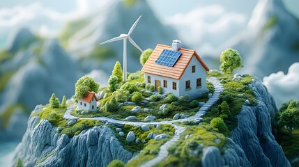 Empowerment of villages with renewable solar and wind energy illustrated in 3D cartoon style