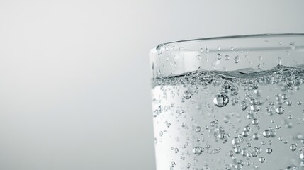 Water droplets forming on the surface of a cold glass of water, with condensation trickling down the sides against a clean, white background.
