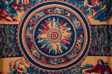 Fototapeta premium Classic Tapestry Backdrop with Textured Design Featuring Vibrant Colors and Narrative Elements
