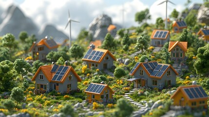 Renewable energy in villages with solar panels and wind turbines, illustrated in 3D cartoon animation