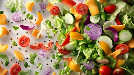 A vibrant assortment of fresh vegetables including tomatoes, lettuce, cucumbers, and onions, elegantly scattered across a white surface.