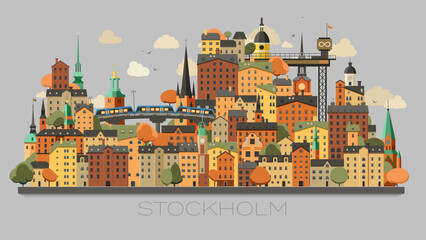 Vektor illustration av Stockholm stad broar och kyrkor