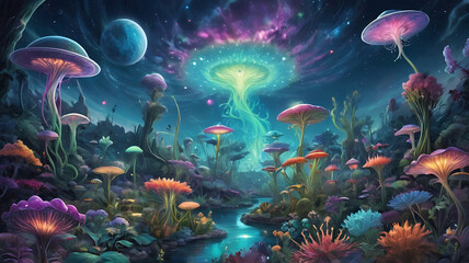 Fototapeta premium An array of diverse alien flora, each plant with unique, otherworldly shapes and bioluminescent colors, arranged in a cosmic garden under a swirling nebula sky