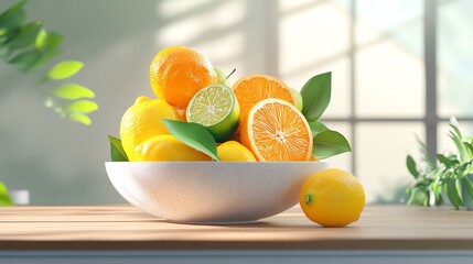 Fresh citrus fruits in a bowl on a sunny kitchen counter, showcasing vibrant lemons, oranges, and limes.