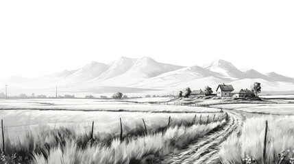 Black and white sketch of rural farm landscape