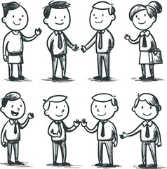 Charcoal doodle sketch of diverse business people collaborating showcasing teamwork and cooperation illustrated in a set with various characters on a clean isolated