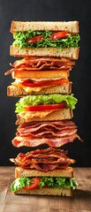 Tall stack of delicious BLT sandwiches with crispy bacon, fresh lettuce, and juicy tomatoes on toasted bread, against a dark background.