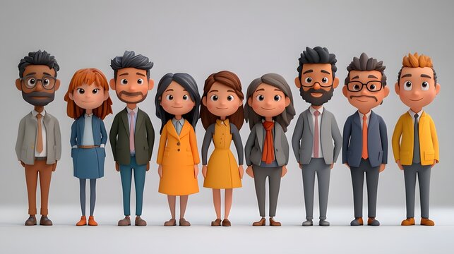 3D cartoon animation render of professionals in office attire, isolated on white background