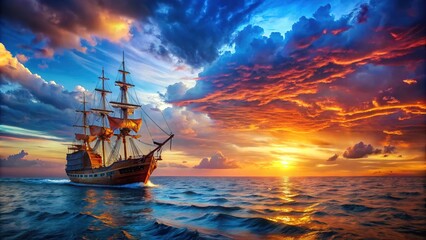 Fototapeta premium Vibrant gradient background featuring a swashbuckling palette of blues, golds, and reds, evoking the sense of adventure and treasure on the high seas.