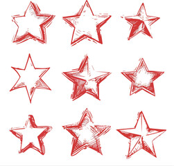 Obraz premium Charcoal doodle scribble nine red hand drawn stars icons isolated on white ideal for rating reviews festive celebration design elements sticker labels badges logos awards rankings