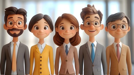 Fototapeta premium Cartoon 3D animation of office professionals in business clothing, set against a white backdrop