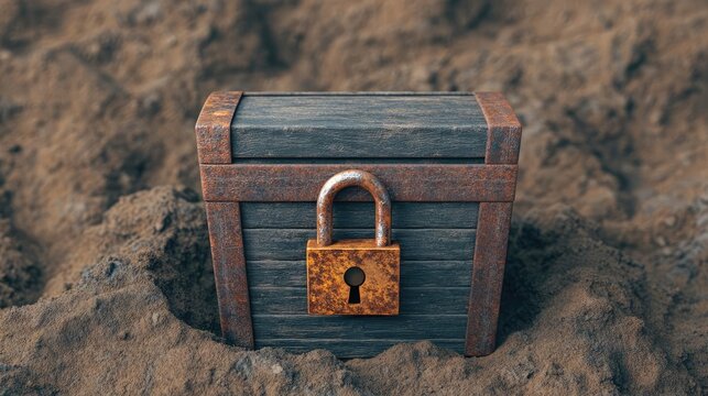 Buried treasure chest, secured with a rusted padlock, filled with untold fortune, hidden deep underground, 3D illustration