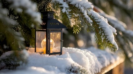 Christmas Lantern On Snow With Fir Branch