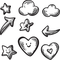 Handdrawn charcoal doodle icons hearts stars clouds arrows in a cute romantic style for Valentine Day love friendship happiness positivity graphic isolated on a black white