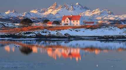 Obraz premium A house atop a snowy hill, nestled beside a body of water and surrounded by majestic mountains