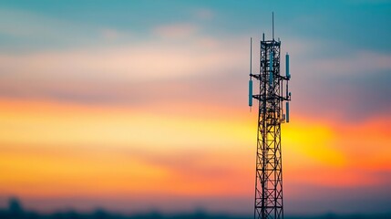 Antenna tower against a colorful twilight sky, representing the backbone of digital communication networks in a connected world