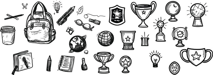 Charcoal Doodle Scribble Hand Drawn Education Icons Set Trophy Award Success Achievement Winner Elements Including Globe Backpack Book Lightbulb Award Cup Clip Art Vector Illustration