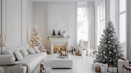 Stylish Christmas scandinavian minimalistic interior with white decor.