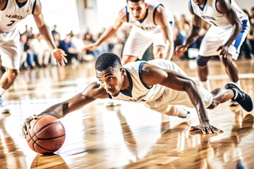 Fototapeta premium Diving for the Ball: Intense Basketball Action. A determined basketball player dives for the ball on a shiny hardwood court, with teammates in the background adding to the dynamic scene.