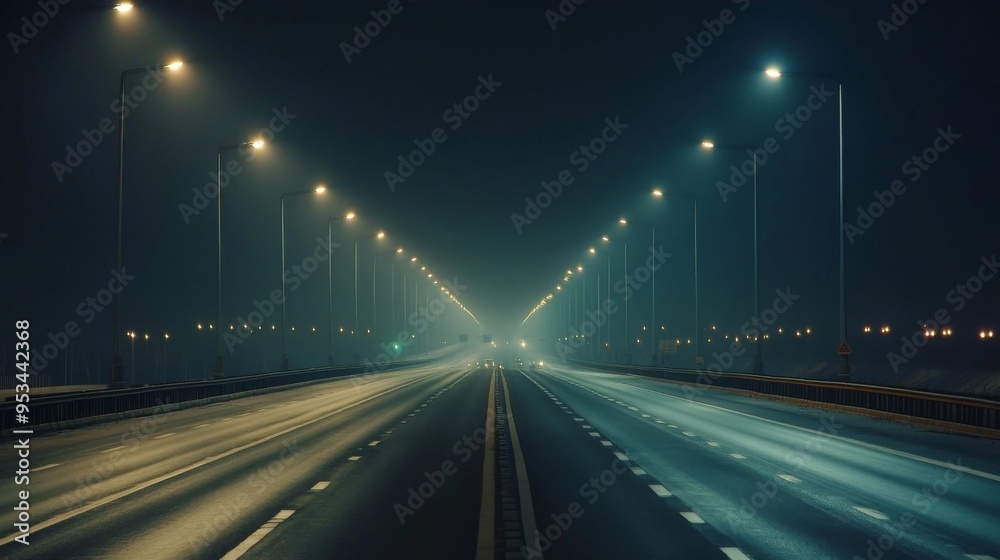 Aufkleber wide shot of a long, empty highway with streetlights lined up on both sides, creating a sense of dep
