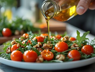 A close-up of a hand pouring olive oil over a salad of arugula, cherry tomatoes, and walnuts on a white plate, set on a clean kitchen counter. The kitchen background is bright and minimalist,