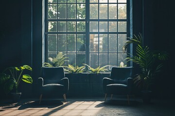Two chairs placed in front of a window, possibly used for reading or conversation