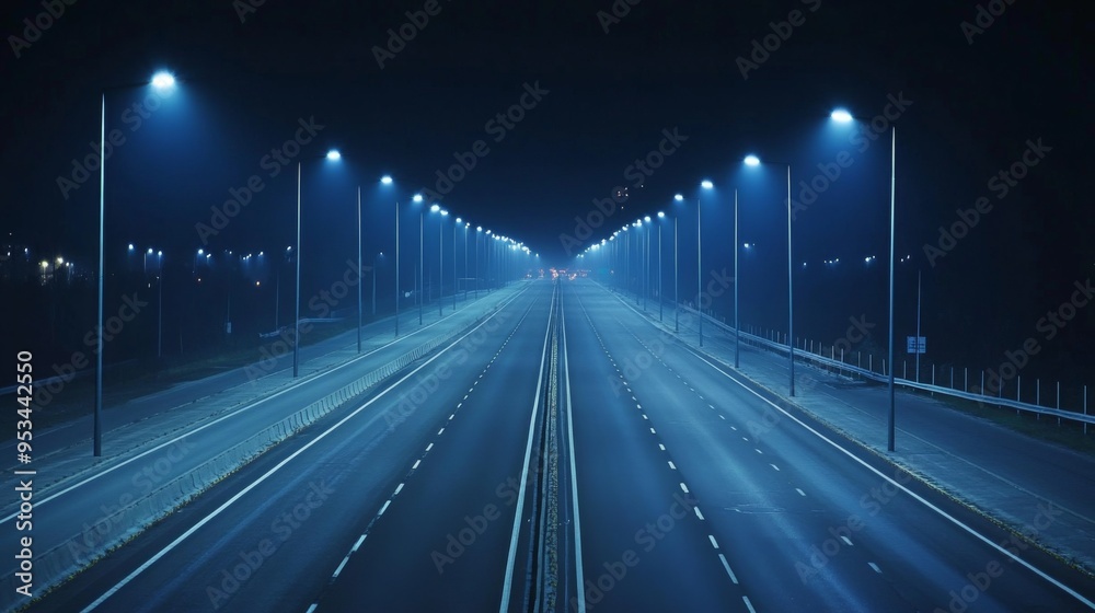 Poster Wide shot of a long, empty highway with streetlights lined up on both sides, creating a sense of depth and isolation in the darkness of the night.