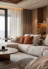 Obraz premium Cozy living room with neutral tones and warm accents in a modern apartment overlooking the city at dawn
